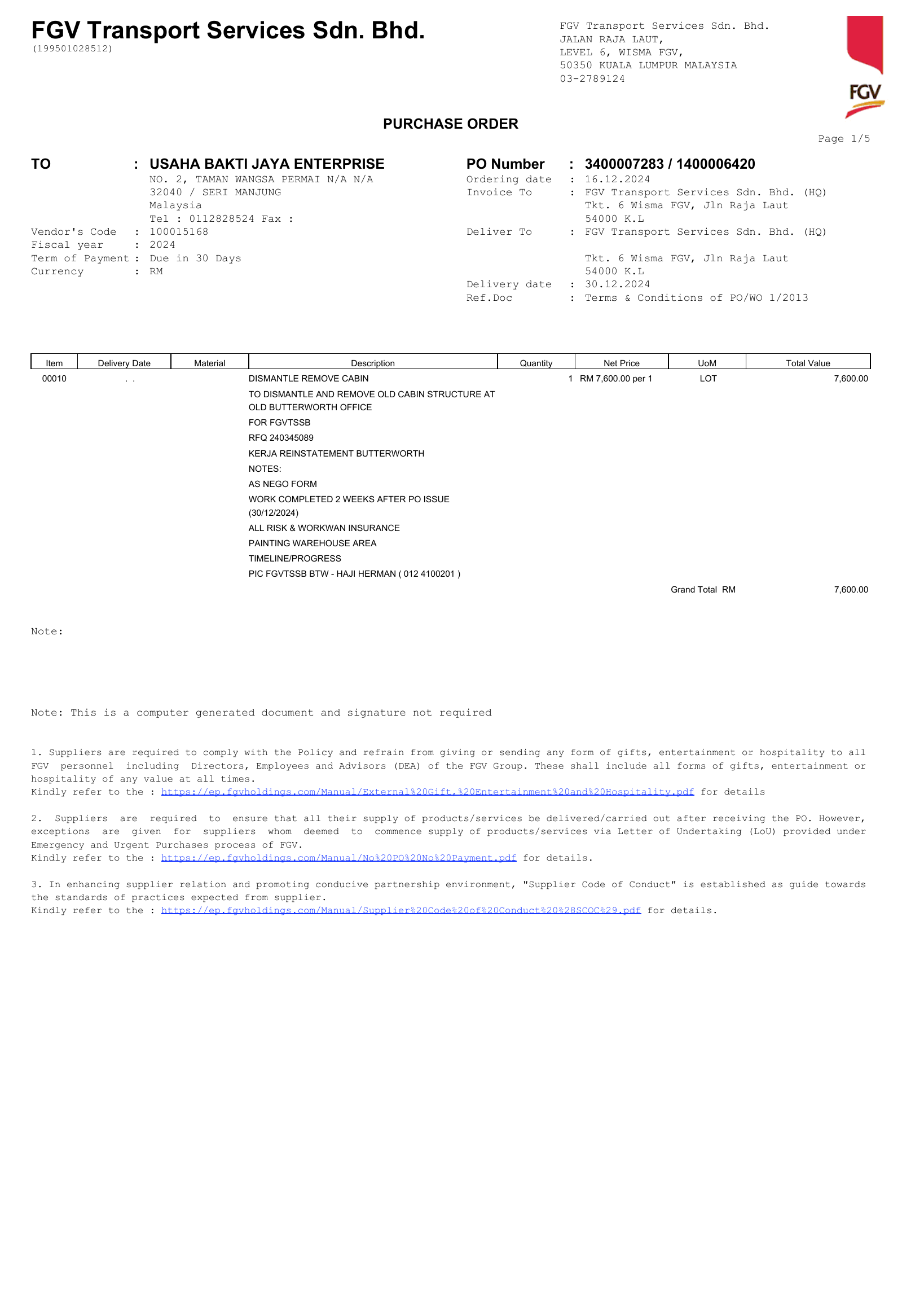 PO 3400007283 image proof for integrated building maintenance