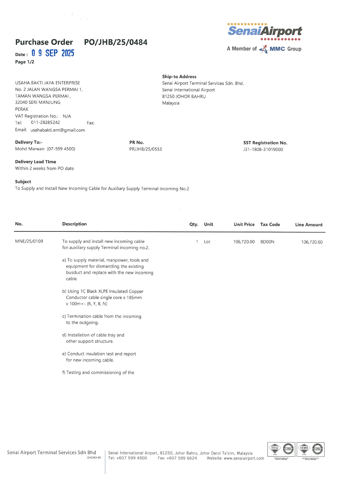 PO JHB250484 image proof for 11kV substation repair