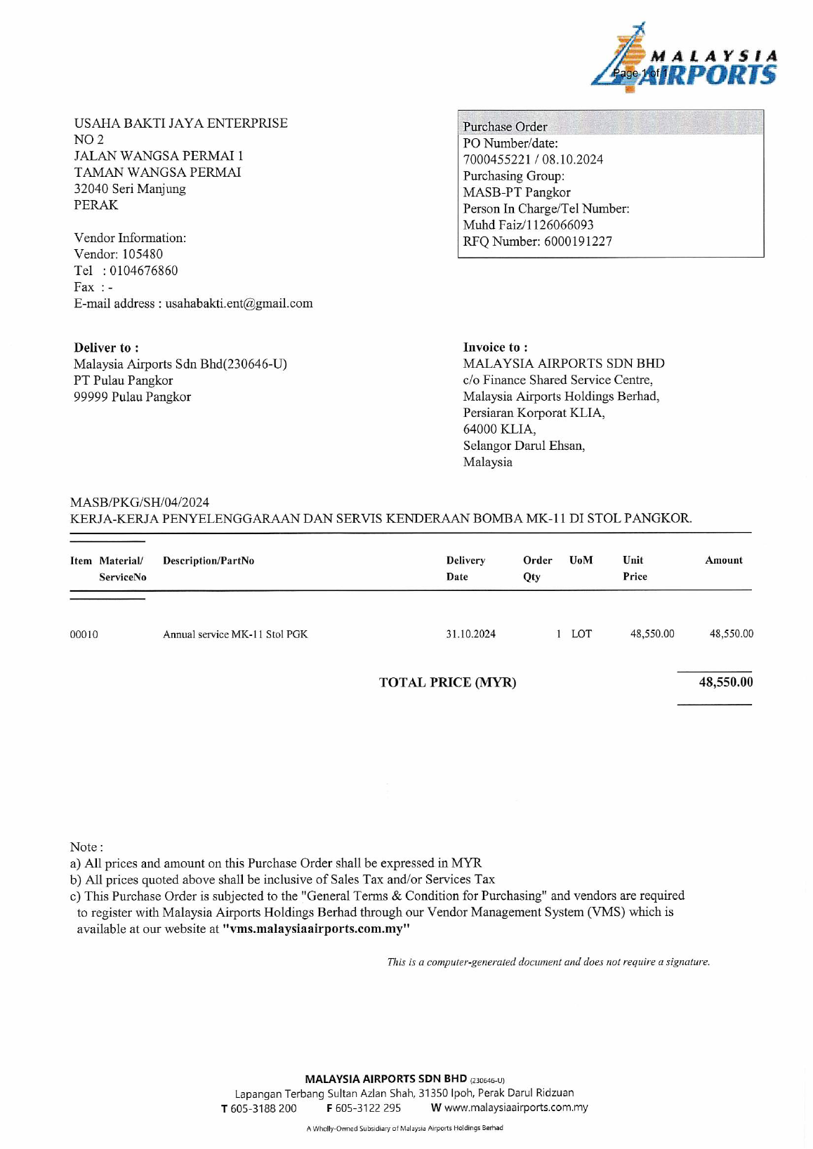 MAHB Ipoh PO image proof for factory chiller maintenance