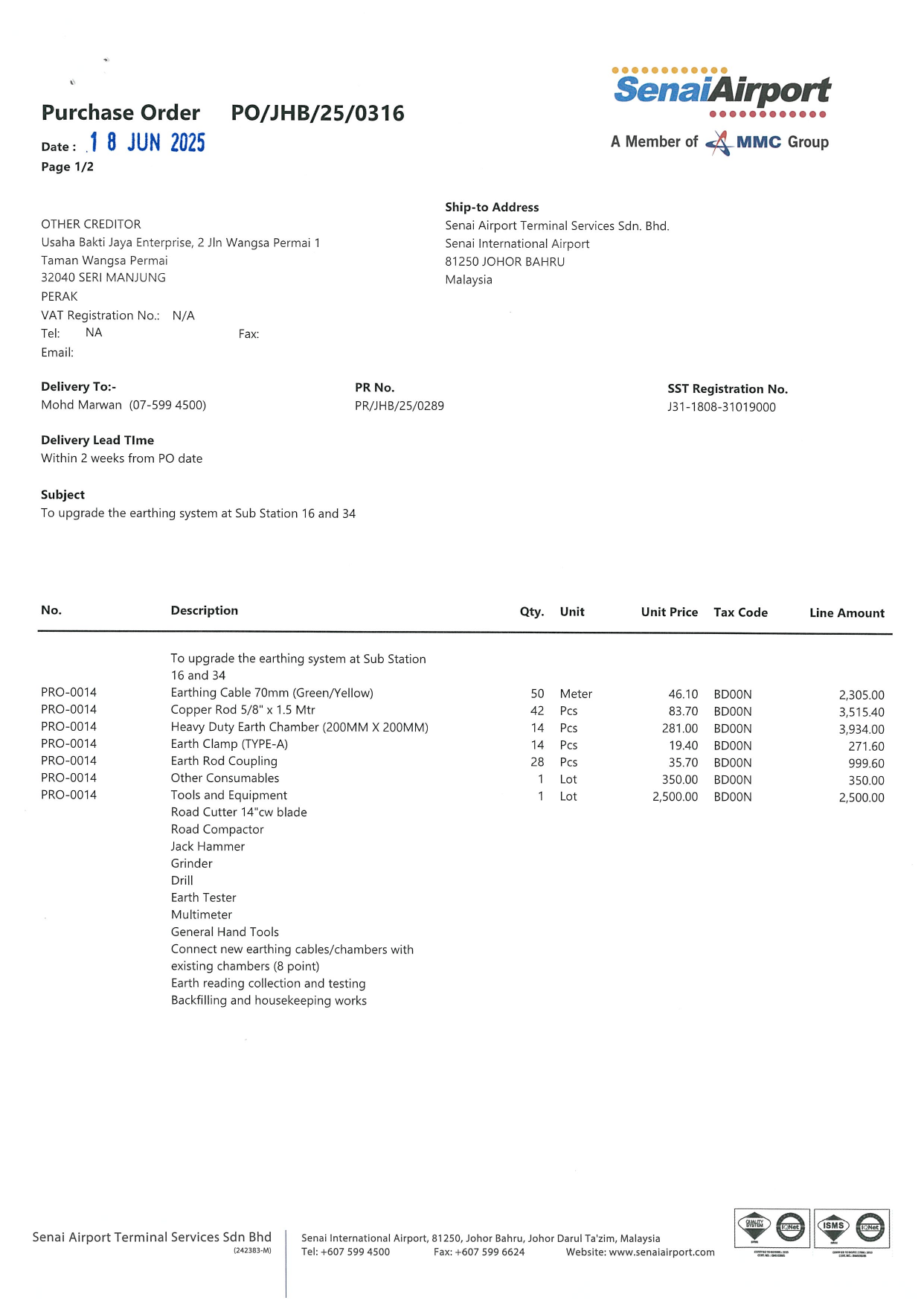 Actual PO image proof for 11kV Substation Repair project